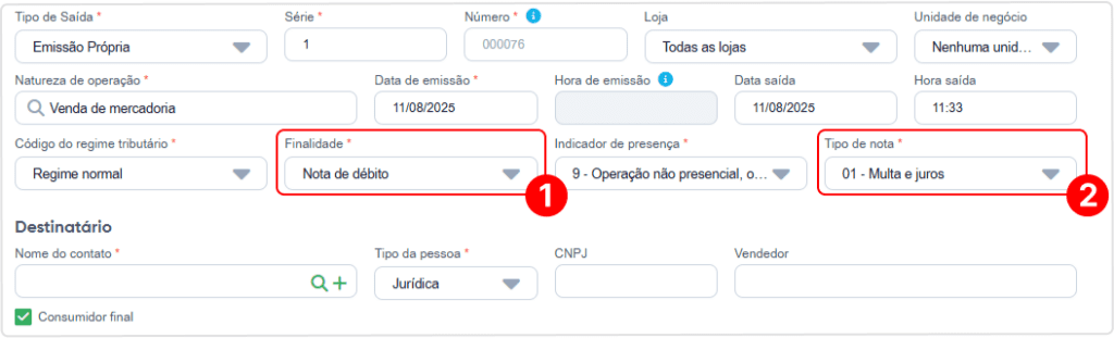 Finalidade e tipo de nota IBS e CBS